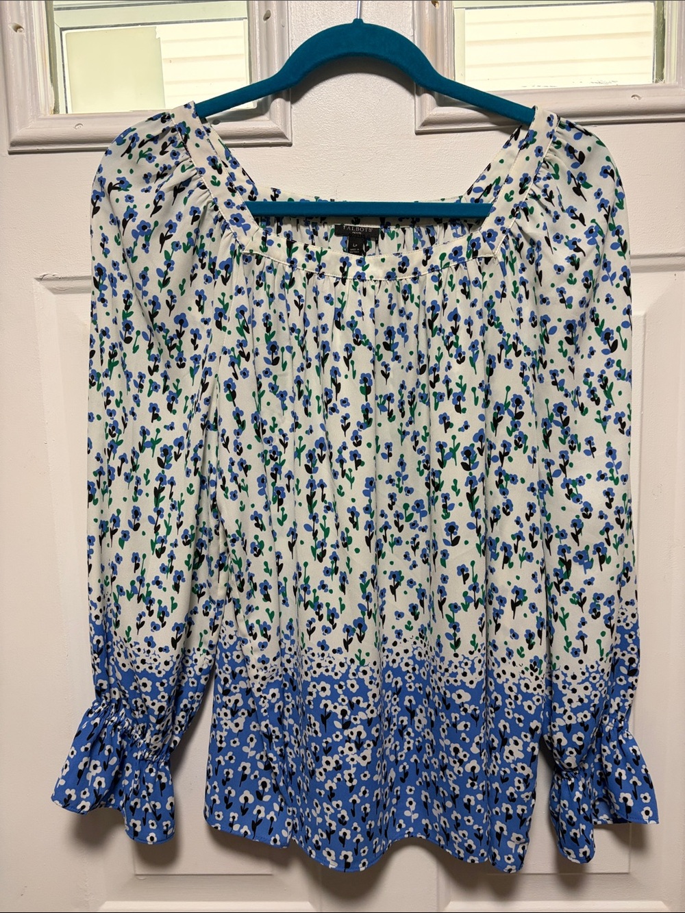 Talbots White Floral Peasant Blouse with Blue & Green Print